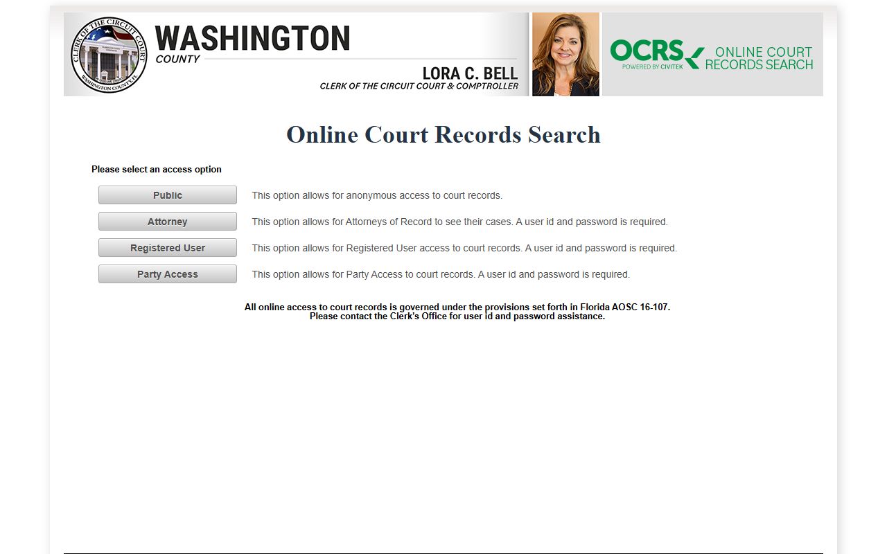 Washington County court records OCRS access screen for cases after an arrest