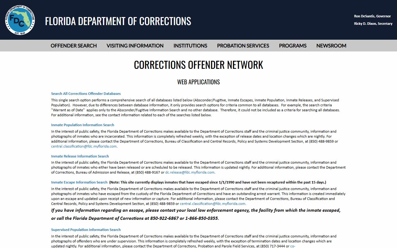 Florida DOC offender search menu for the Northwest Florida Reception Center Annex