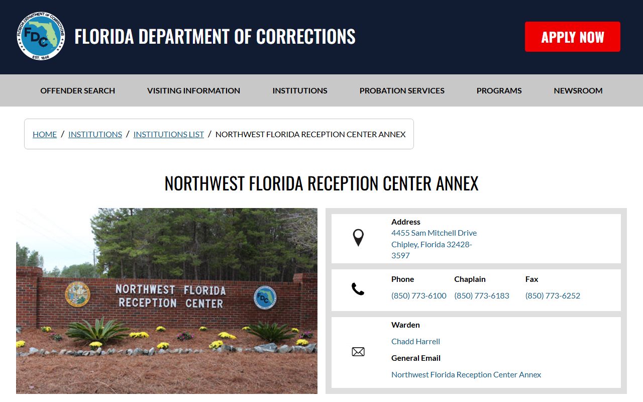 Northwest Florida Reception Center Annex FDOC facility page for inmate lookup