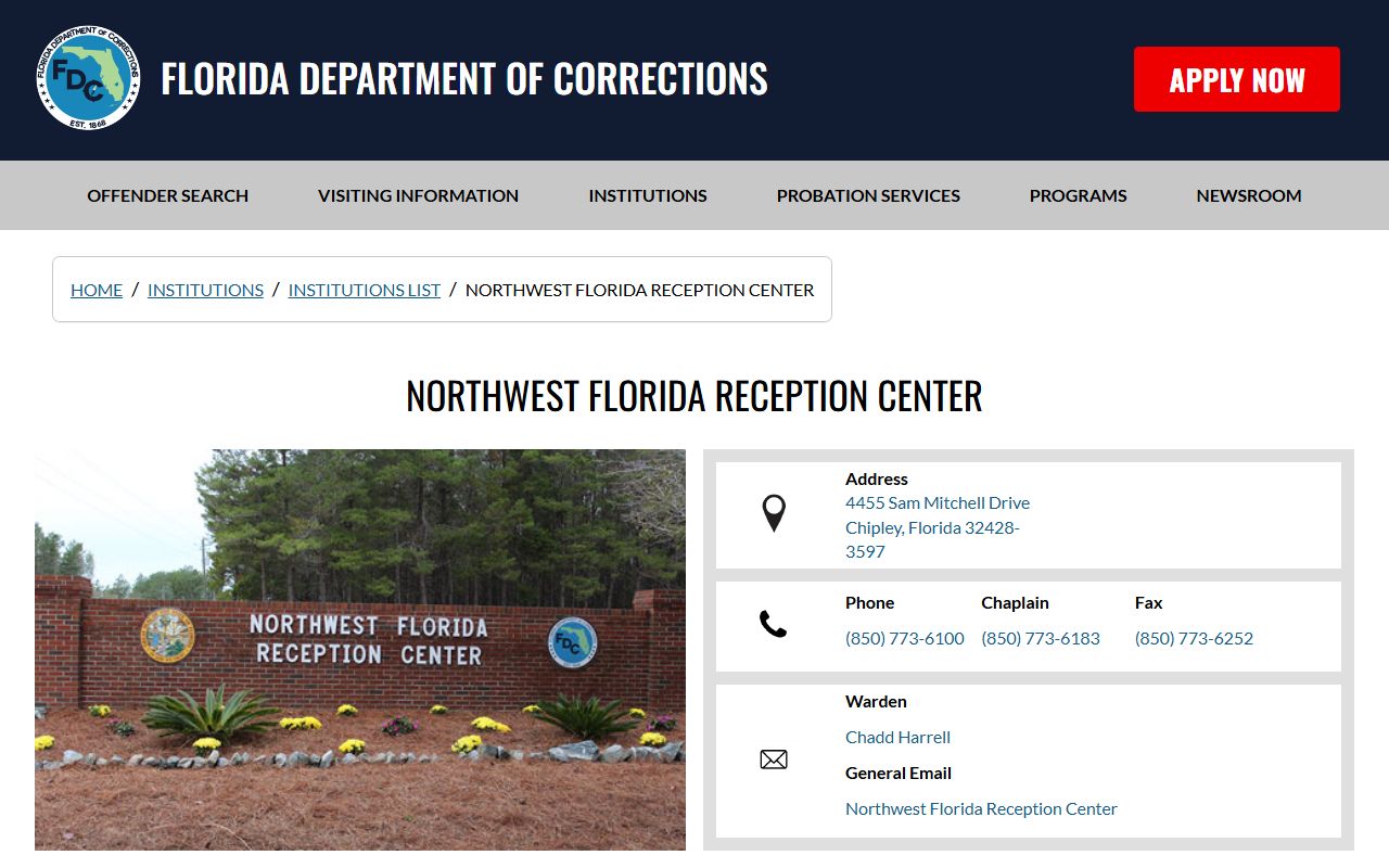 Northwest Florida Reception Center FDOC facility page for inmate search