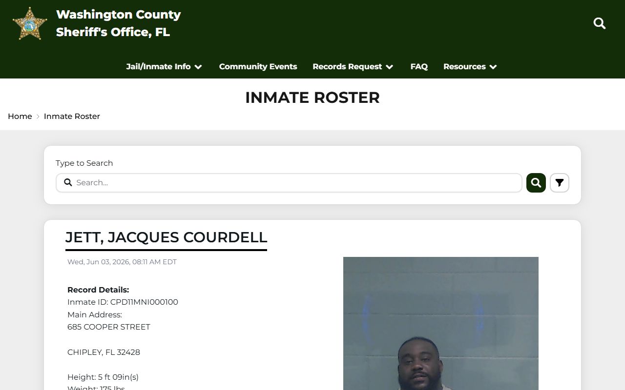 Washington County inmate records roster with search box and booking photo cards