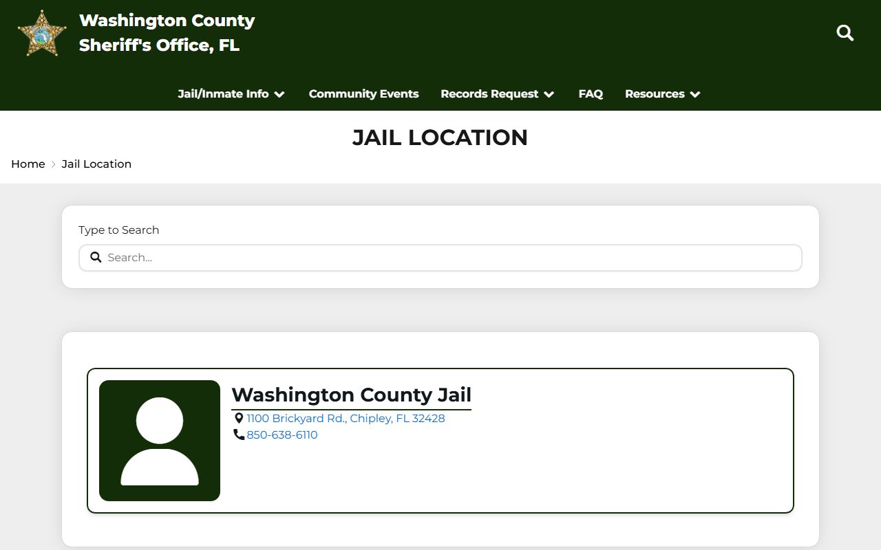 Washington County Jail location page with address and contact