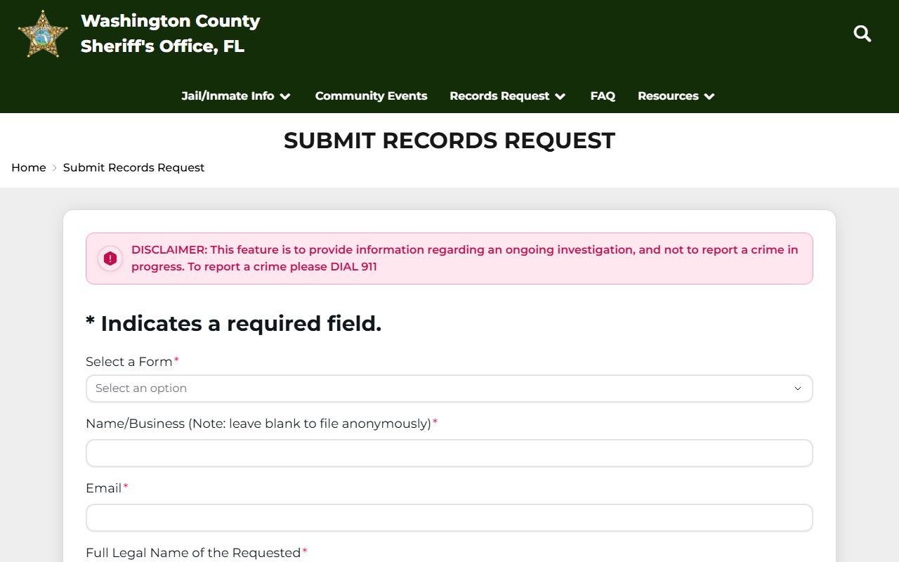 Washington County records request form for a jail booking photo