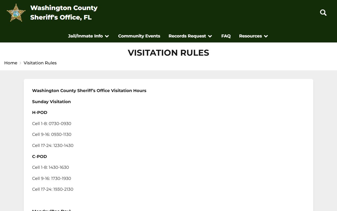 Washington County Jail pod and cell visitation schedule
